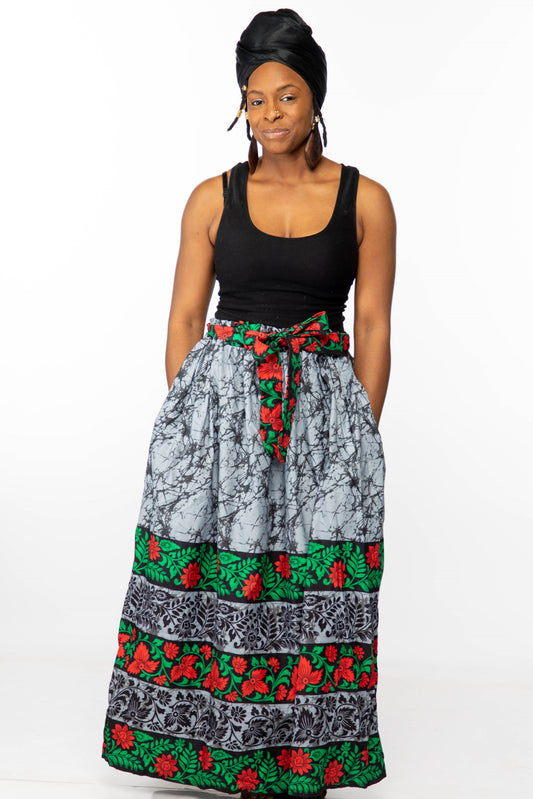 African Print Long Skirt (Gray, Red, and Green)