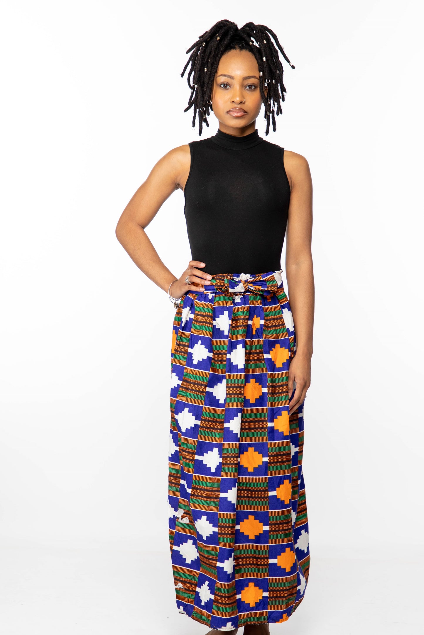 Kente Print Skirt (Blue, White, and Orange)