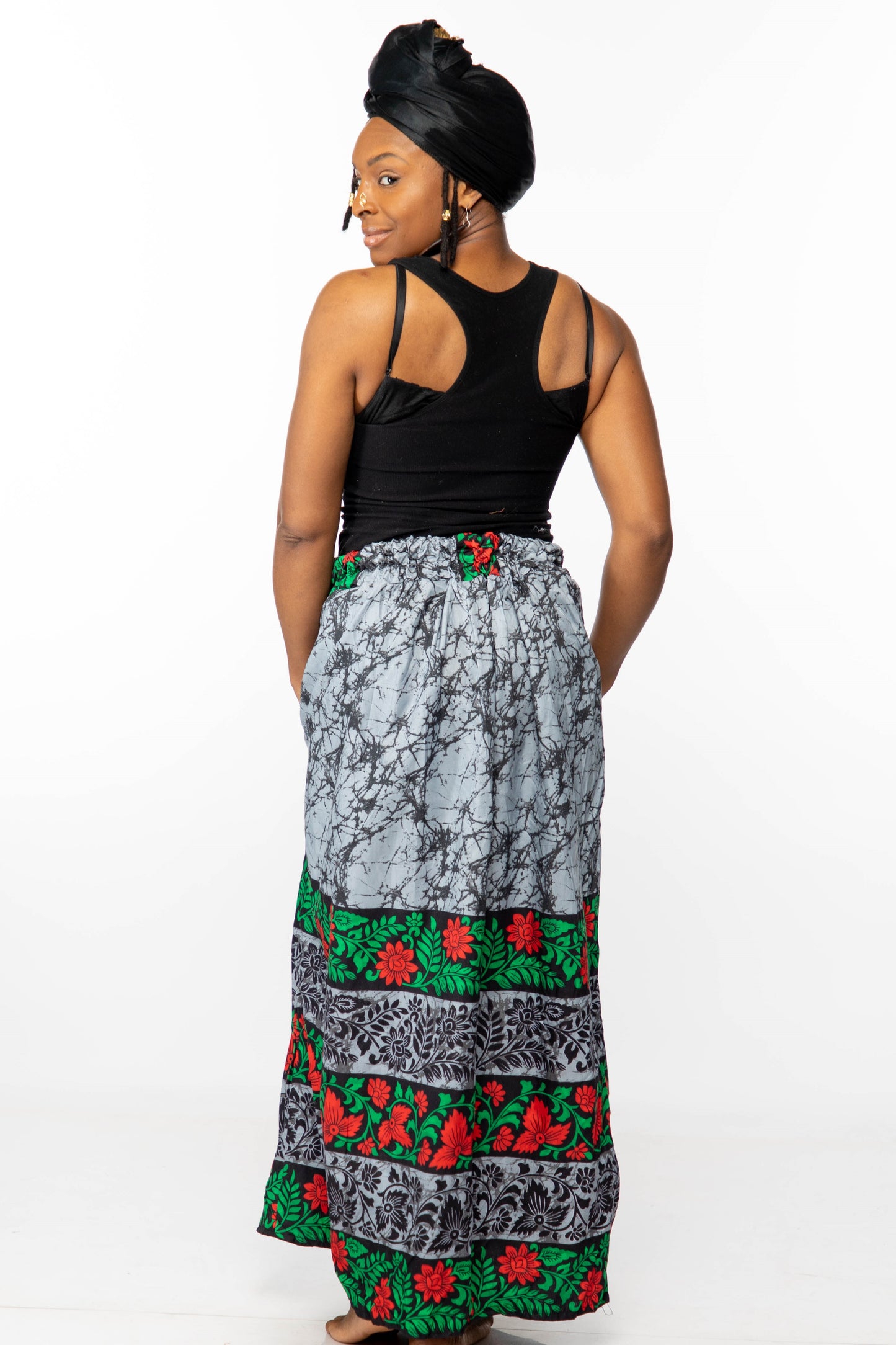 African Print Long Skirt (Gray, Red, and Green)