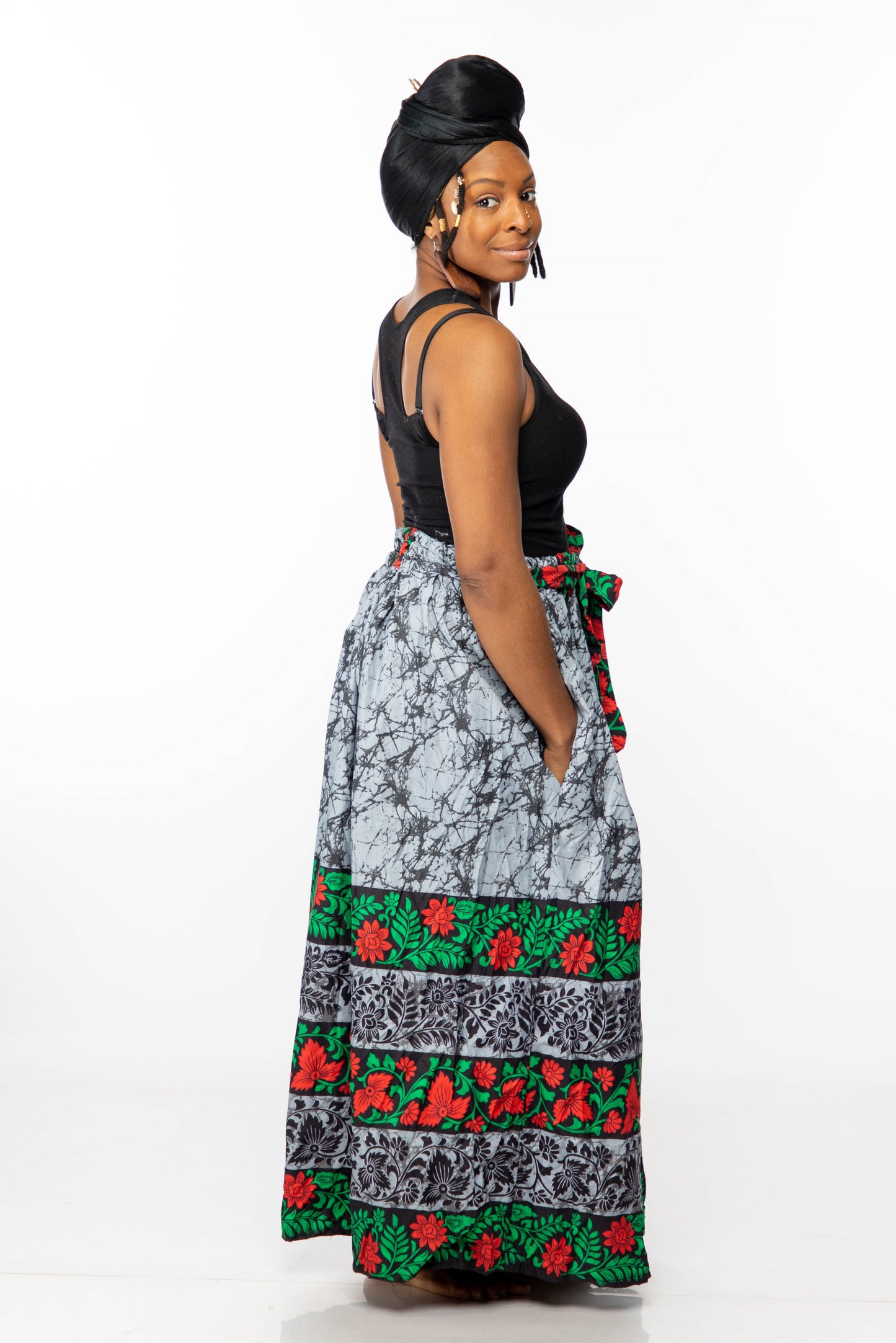 African Print Long Skirt (Gray, Red, and Green)