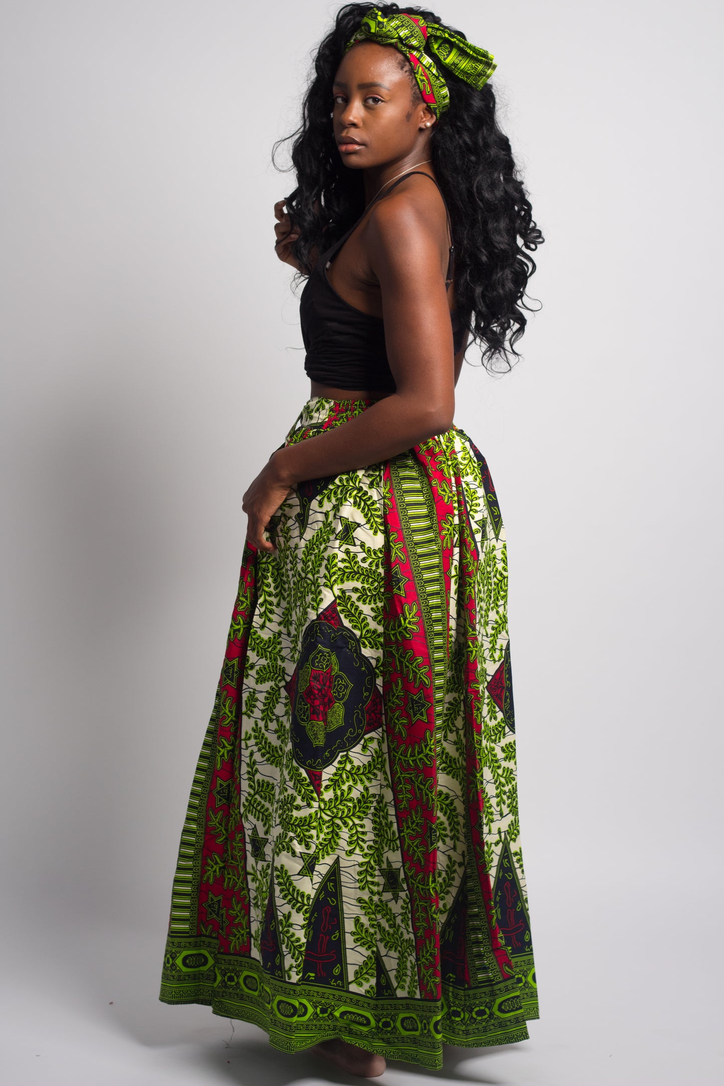 African Print Maxi Skirt (Ruby & White)